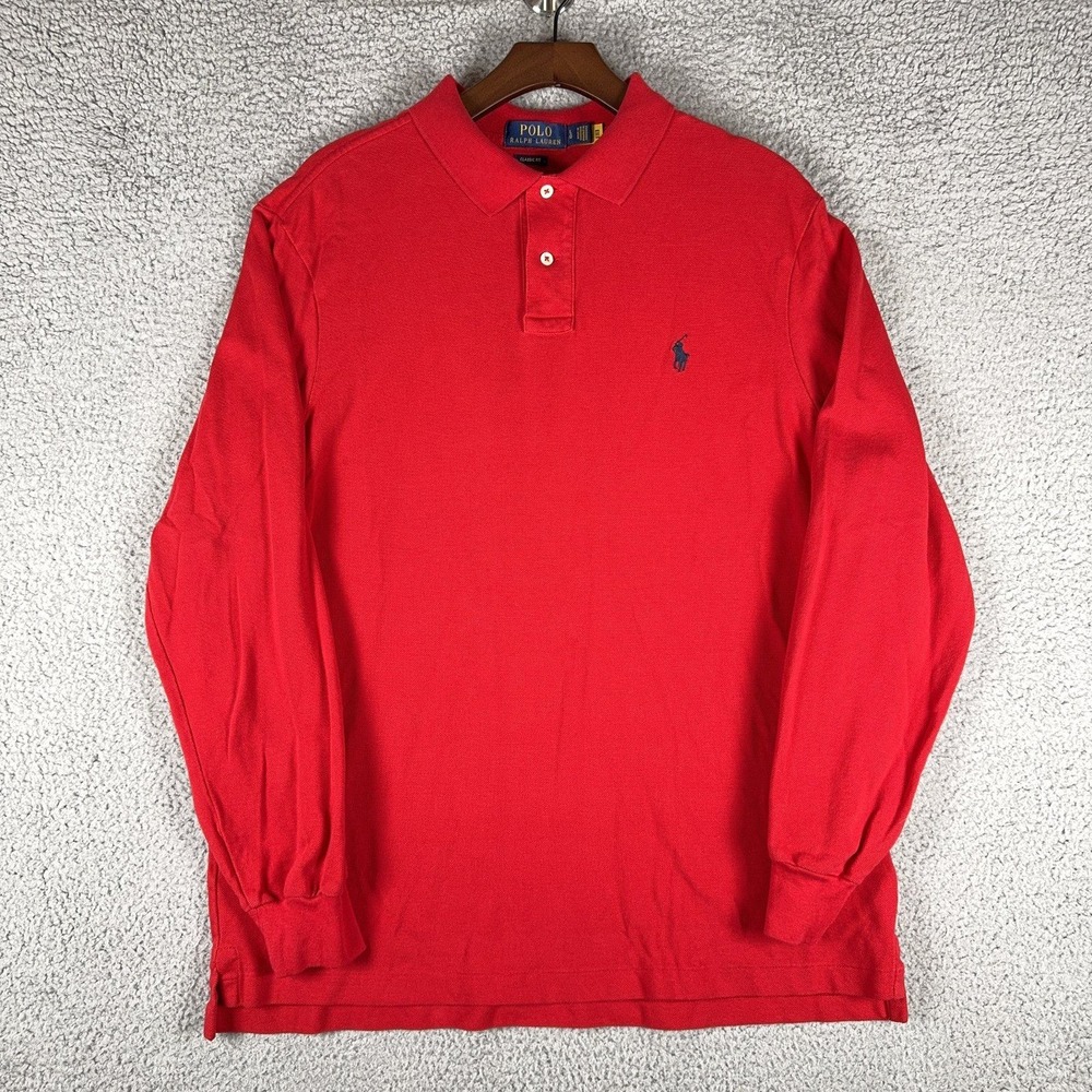 Polo Ralph Lauren Classic Fit Long Sleeve Pique Polo Shirt Mens L Red Navy Pony